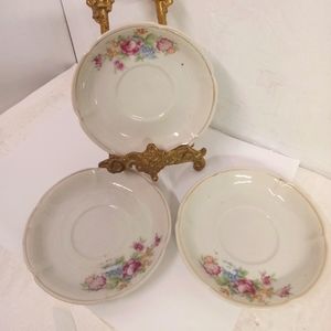 3 Vintage Japan Saucers  5" Fuschia Floral, Porcelain Gold Trim , Replacements